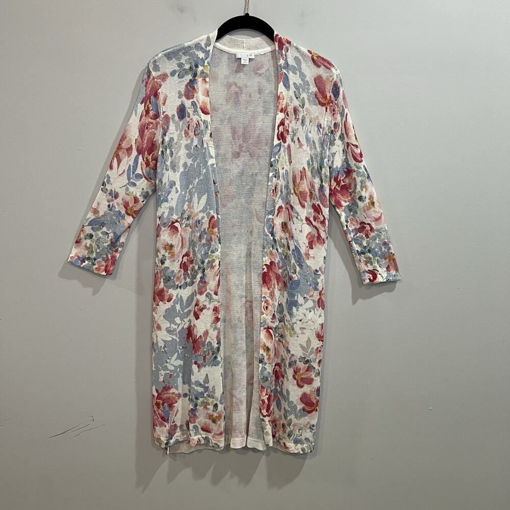 J. Jill Floral Print Linen Blend Open Front Long Duster Cardigan Size Small‎ P